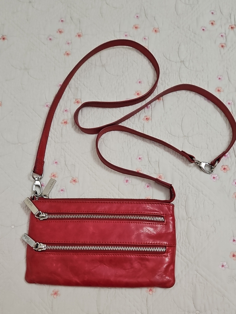 HOBO Red Leather Mara Silver Zipper Crossbody Shoulder Bag 9x5